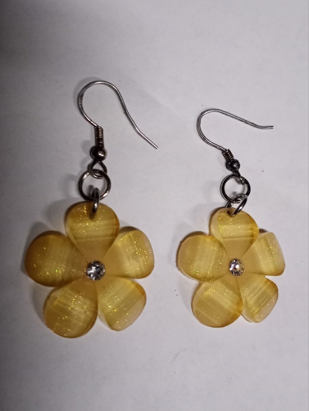 Yellow Flower Drop Earrings Glitter Crystal Center